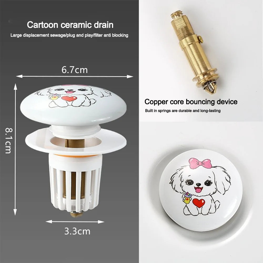 Cute Puppy Pattern Rebound Drain Plug Pop-up Design Anti-clogging Function Pop-up Basin Filter Anti-clogging Hair Catcher