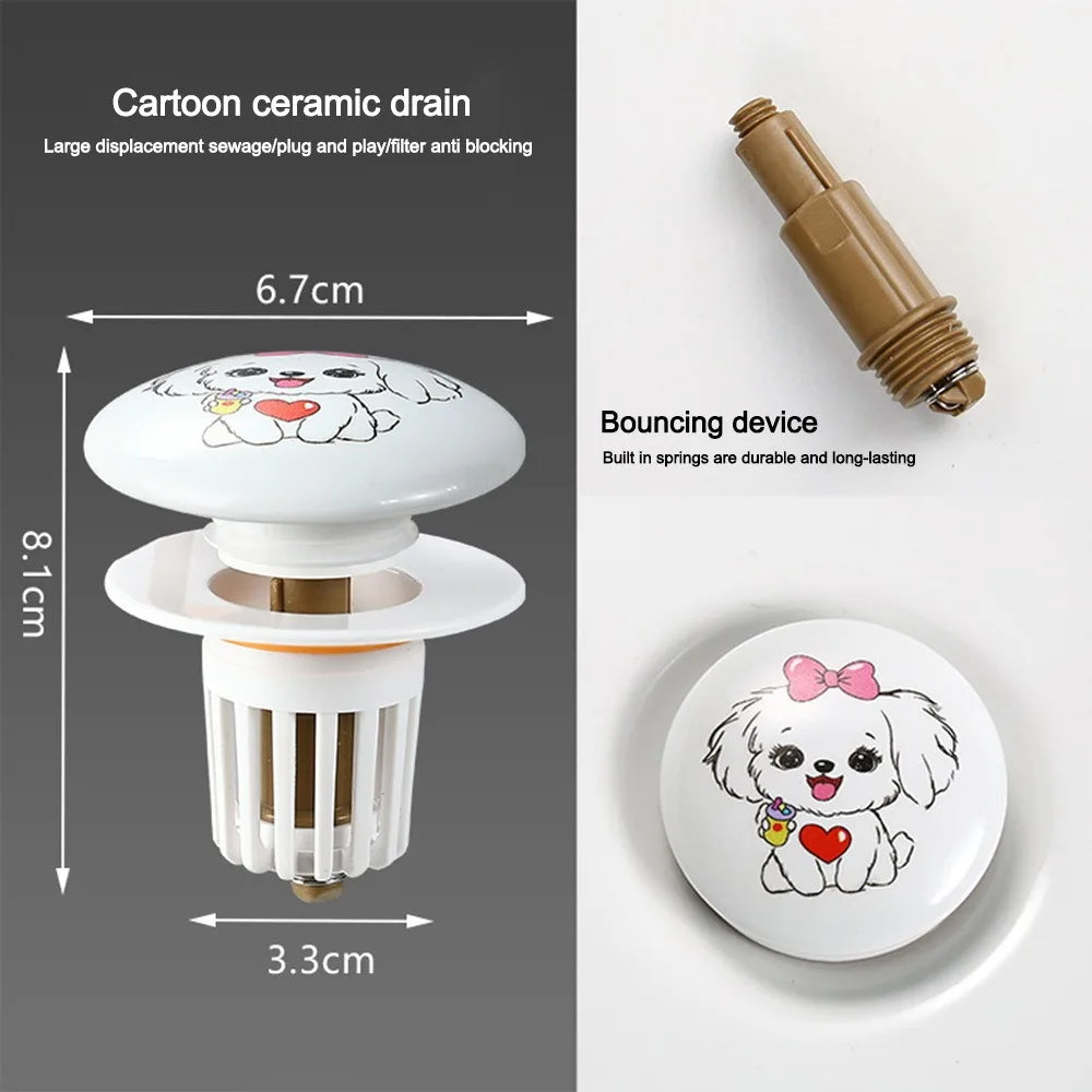 Cute Puppy Pattern Rebound Drain Plug Pop-up Design Anti-clogging Function Pop-up Basin Filter Anti-clogging Hair Catcher