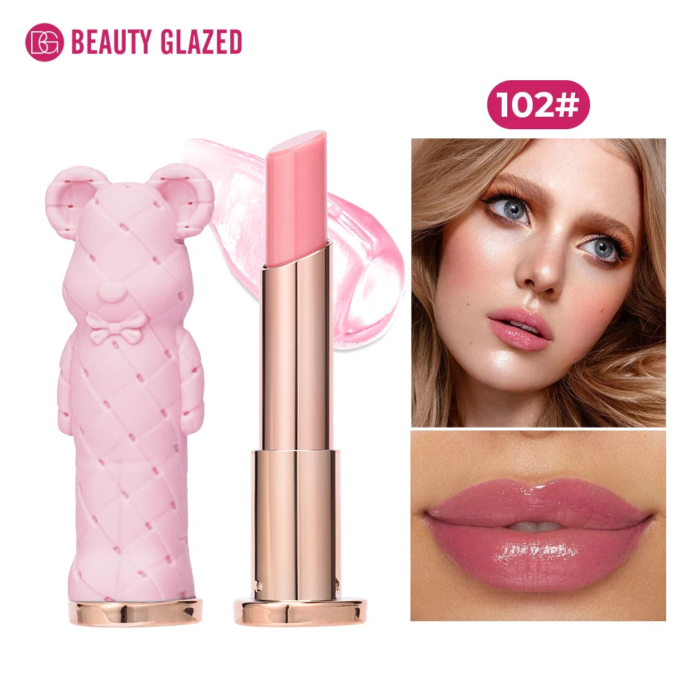 Pink lipstick with bear design and model wearing the color, branded 'Beauty Glazed'.