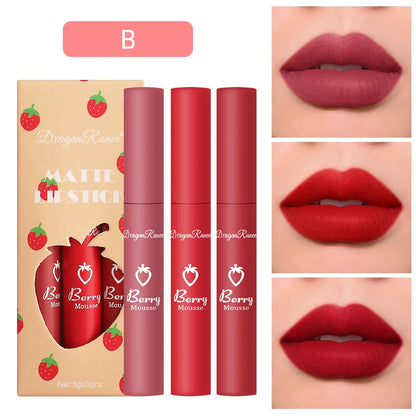 3 Pcs Strawberry Lip Glaze Set Velvet Matte Liquid Lipstick Lipstick Non Stick Cup