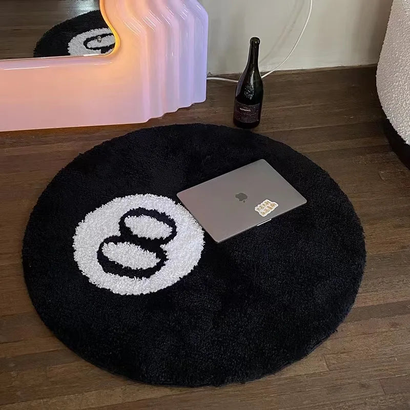1 Pack Black Billiards 8 Ball Round Flocked Floor Bedroom Anti-Slip Carpet Mat