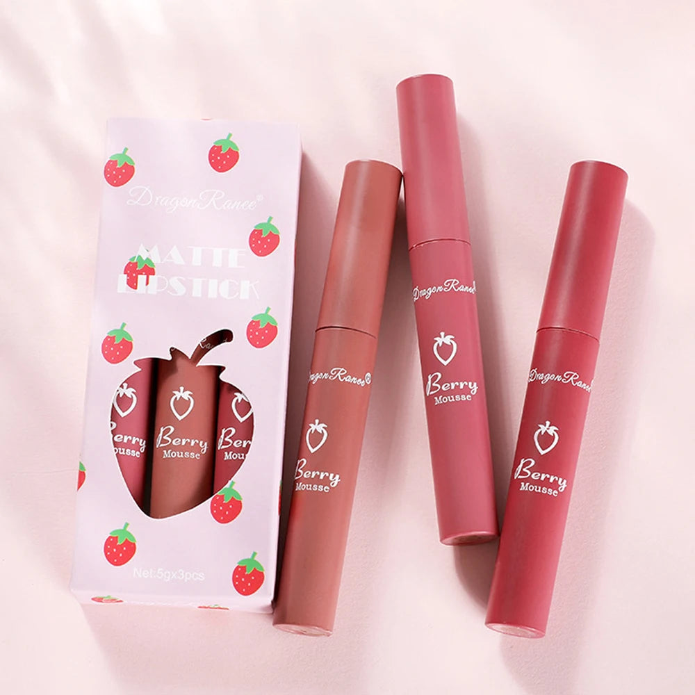 3 Pcs Strawberry Lip Glaze Set Velvet Matte Liquid Lipstick Lipstick Non Stick Cup