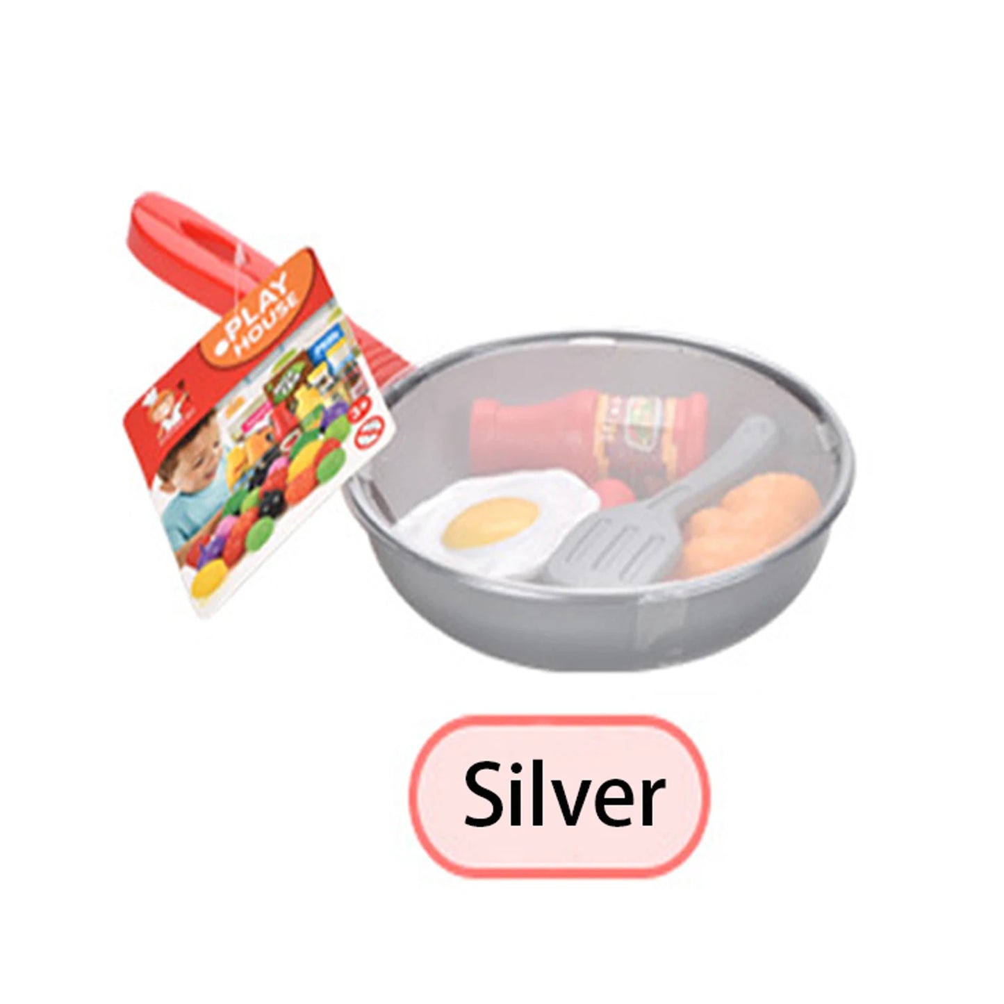 Playset with silver pan, eggs, and utensils on a white background