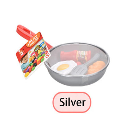 Playset with silver pan, eggs, and utensils on a white background